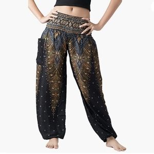 B Bangkok Boho Bohemian Style Pants in Black Peacock Print